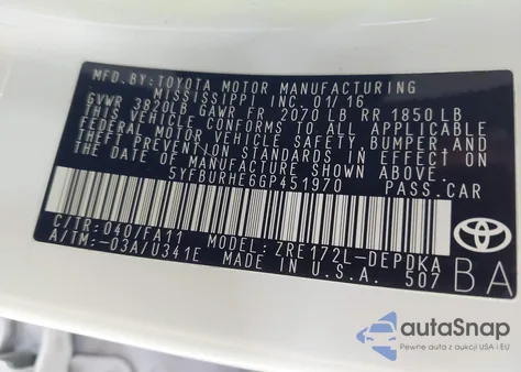 2016 Toyota Corolla L z USA, uszkodzony, nr VIN 5YFBURHE6GP451970